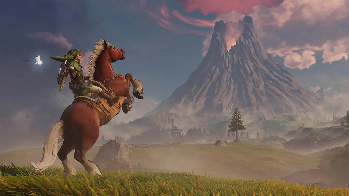 Link adulte sur Epona dans la plaine d'Hyrule, le mont du Péril à l'horizon