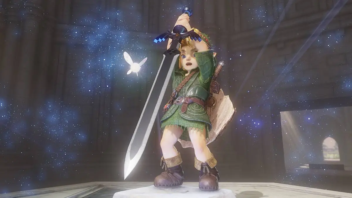 Link enfant brandit l'épée de Légende dans le temple du Temps
