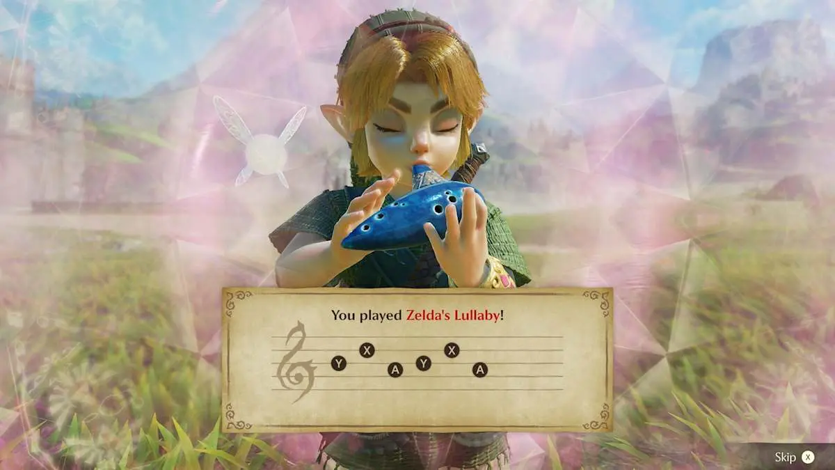 Link joue la berceuse de Zelda à l'ocarina, avec la partition affichée à l'écran