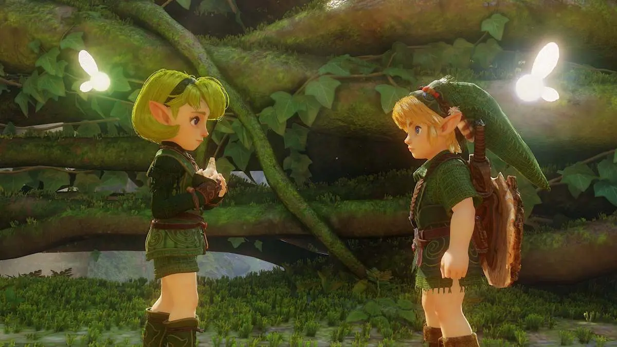 Saria et Link enfant face à face dans la forêt Kokiri